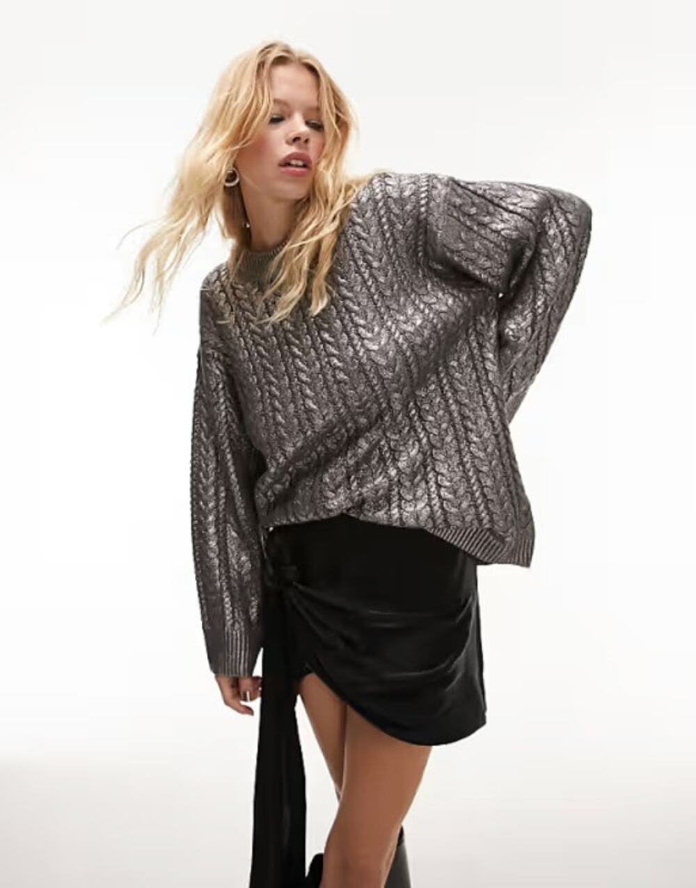 Topshop Premium Womens S Metallic Gray Chunky Knit Oversized Sweater Pullover